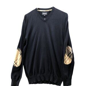 Barbour V-Neck Sweater Mens M Elbow Patch Cotton Navy Blue Lightweight Tartan